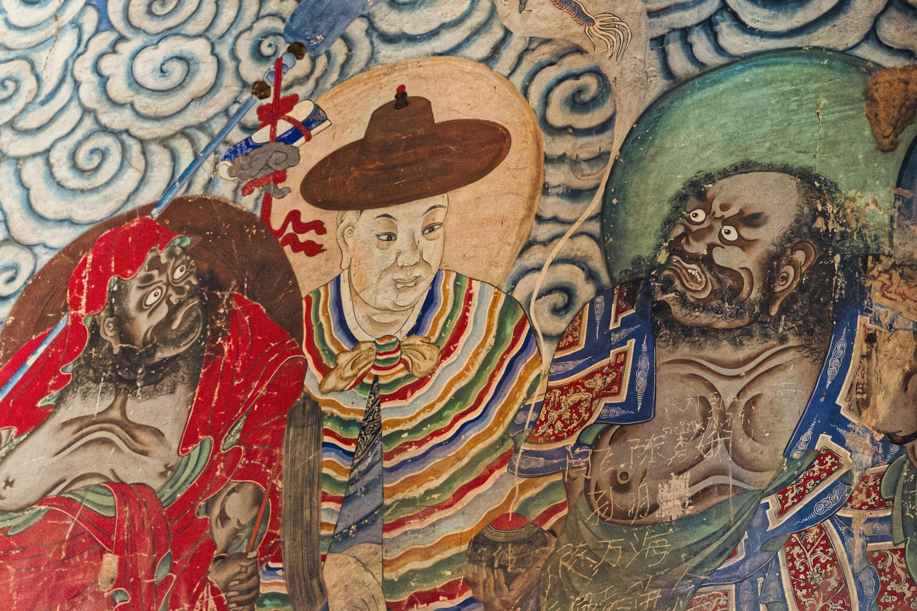 Kolorowy mural świątynny w Datong z postaciami religijnymi